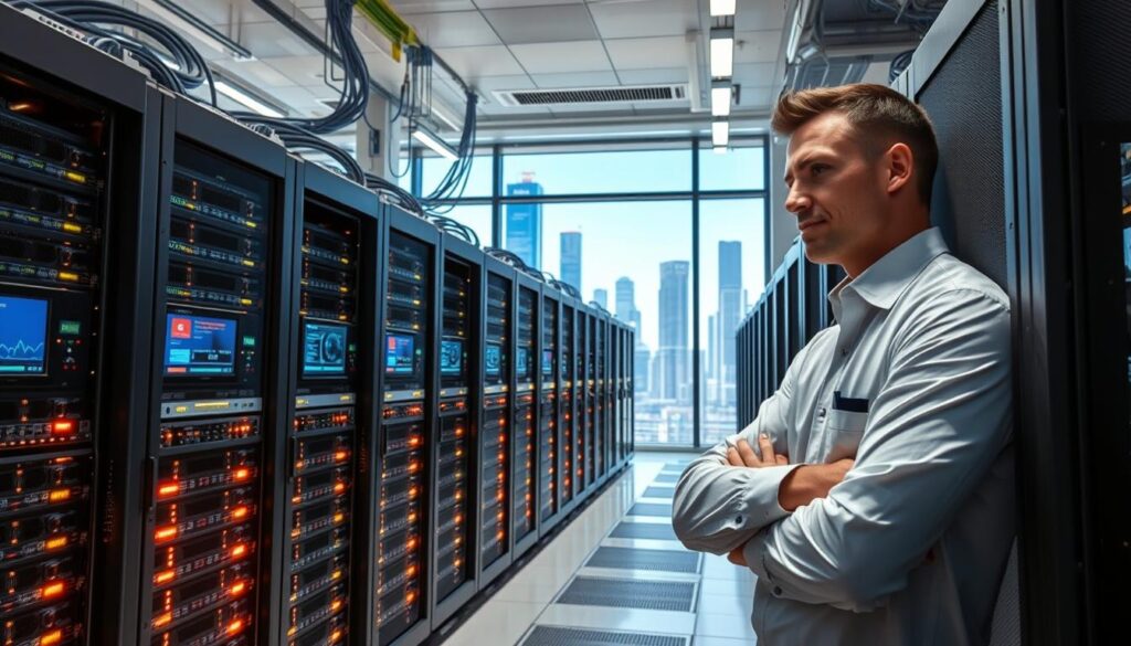 A high-tech Facebook data center interior, showcasing rows of sleek, modern server racks with blinking lights and cables. In the foreground, a technician in professional attire inspects a server with a focused expression, illuminated by soft, cool lighting. The middle ground features organized racks of servers, with visible cooling systems and data monitoring screens displaying analytics. In the background, large windows reveal a futuristic cityscape, with a clear blue sky and skyscrapers. An atmosphere of innovation and efficiency permeates the scene, emphasizing the advanced technology behind Facebook's infrastructure. The image is captured with a wide-angle lens, emphasizing depth and perspective, with a bright, yet professional lighting scheme that highlights the clean lines and modern design of the equipment. A high-tech Facebook data center interior, showcasing rows of sleek, modern server racks with blinking lights and cables. In the foreground, a technician in professional attire inspects a server with a focused expression, illuminated by soft, cool lighting. The middle ground features organized racks of servers, with visible cooling systems and data monitoring screens displaying analytics. In the background, large windows reveal a futuristic cityscape, with a clear blue sky and skyscrapers. An atmosphere of innovation and efficiency permeates the scene, emphasizing the advanced technology behind Facebook's infrastructure. The image is captured with a wide-angle lens, emphasizing depth and perspective, with a bright, yet professional lighting scheme that highlights the clean lines and modern design of the equipment.
