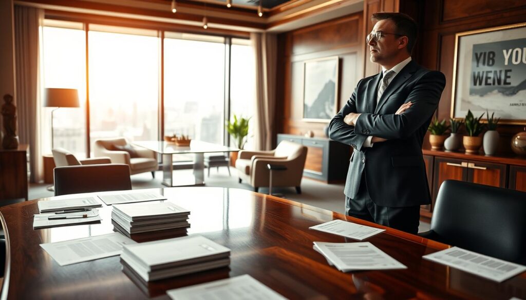 A luxurious office space showcasing the wealth of Maciej Panek, founder of Panek CS. In the foreground, a polished mahogany desk is adorned with financial documents and elegant stationery. A well-dressed man in a tailored suit, representing Maciej Panek, stands confidently with arms crossed, gazing thoughtfully out of a large window that reveals a city skyline. In the middle ground, plush armchairs and a modern conference table hint at successful business meetings. The background features motivational artwork and potted plants that enhance the professional ambiance. Soft, natural lighting pours in from the window, creating a warm atmosphere. A shallow depth of field focuses on the subject while softly blurring the office elements, capturing a mood of success and ambition.