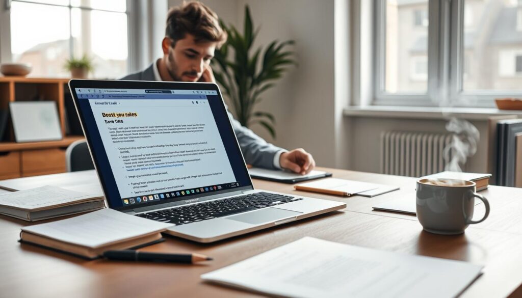 A meticulously crafted workspace featuring a sleek laptop on a modern desk, surrounded by organized notepads and a steaming cup of coffee. The screen displays vibrant sections of a cold email, showcasing examples of benefit-oriented language like "boost your sales" and "save time." In the background, a large window lets in soft, natural light, illuminating the space and casting gentle shadows. On the desk, a professional-looking individual, dressed in smart casual attire, studies the email content with a thoughtful expression. The atmosphere is dynamic yet focused, emphasizing creativity and productivity, demonstrating the process of writing engaging email content. The angle captures both the desk and the contemplative figure, creating an inviting and inspiring scene.