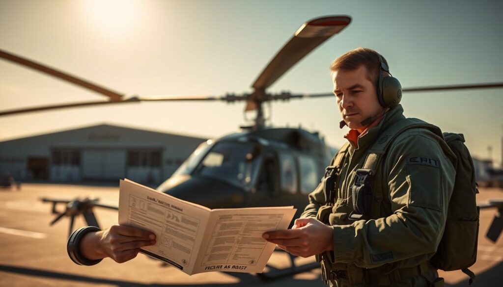 A military helicopter pilot in professional flight attire stands confidently in the foreground, examining a detailed flight manual. His serious expression conveys the weight of his responsibilities. In the middle ground, an imposing military helicopter is parked with its cockpit open, showcasing the intricate controls inside. Sunlight bathes the scene, creating dramatic shadows and highlights, emphasizing the pilot's dedication to his craft. The background features a military airbase, with hangars and aircraft in sharp focus, under a bright blue sky. The atmosphere is somber yet inspiring, reflecting the costs and commitment of a military pilot’s life, emphasizing professionalism and resolve.
