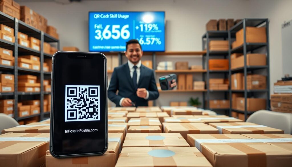 A modern, clean office environment showcasing the benefits of QR codes in InPost services. In the foreground, a sleek smartphone displaying a vibrant QR code, surrounded by packages ready for shipment. The middle ground features a friendly professional in business attire, scanning the QR code with a portable reader. Behind them, shelves filled with various packages and a digital screen highlighting statistics related to QR code usage. Soft, warm lighting bathes the scene, creating an inviting atmosphere. The camera angle is slightly elevated, bringing focus to the interaction while maintaining a tidy and organized workspace. The overall mood is efficient and forward-thinking, emphasizing technology's role in modern logistics.