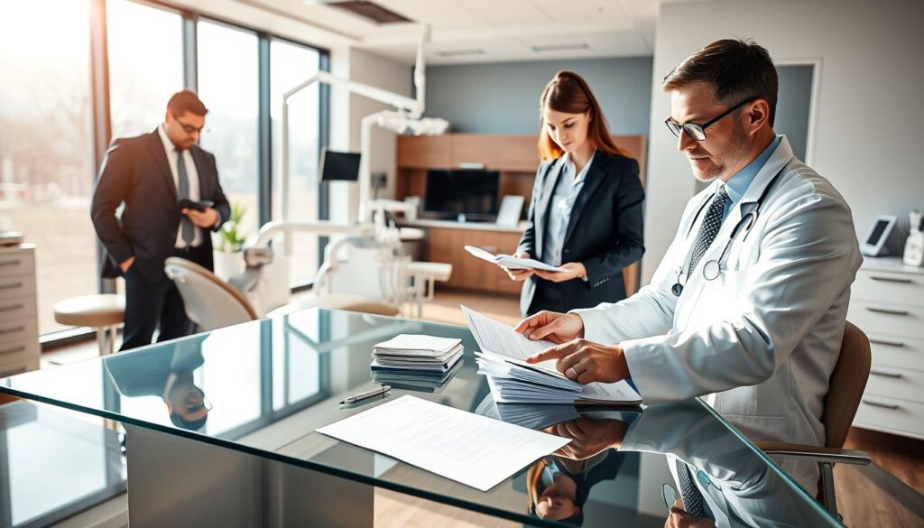 A modern dental clinic interior showcasing a professional atmosphere focused on financial aspects of running a dental practice. In the foreground, a dentist, dressed in professional business attire, is reviewing financial documents on a sleek, glass table. Beside them, an assistant, also in smart attire, is organizing dental equipment and modern technology. In the middle ground, a well-equipped dental chair and tools are visible, emphasizing the operational aspect. The background displays a warm, well-lit reception area with a welcoming design. Sunlight filters through large windows, creating a bright and optimistic atmosphere. The image conveys professionalism and financial responsibility in a dental setting.