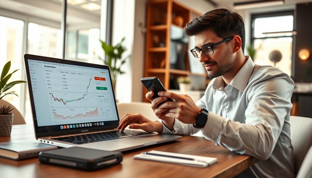 A modern digital workspace featuring a sleek laptop displaying a cryptocurrency exchange interface, with various charts and graphs visible on the screen. In the foreground, a professional individual dressed in smart casual attire is focused on completing the registration process, using a smartphone to verify an OTP (One-Time Password). The middle ground includes a stylish desk with cryptocurrency books, a notebook, and a cup of coffee. The background showcases a well-lit office environment with modern decor, emphasizing a tech-savvy atmosphere. Natural light filters through a window, creating a warm and inviting mood, while the angle captures both the laptop and the individual's engaged expression, highlighting the process of buying cryptocurrency.
