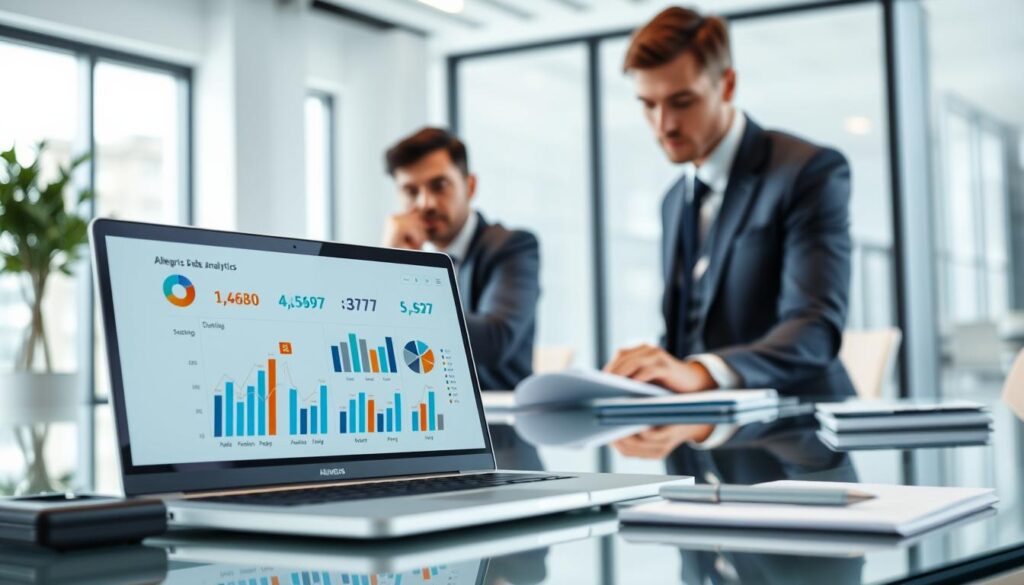 A modern digital workspace featuring an Allegro Ads panel displaying sales performance analytics. In the foreground, a sleek laptop with a colorful dashboard showing bar graphs and pie charts related to sales data. The middle ground includes a business professional, dressed in a sharp suit, analyzing the data with a thoughtful expression, seated at a glass desk surrounded by notepads and a pen. In the background, a bright and airy room with minimalistic design, large windows allowing natural light to flood in, illuminating the space. The atmosphere conveys a sense of focus and determination, emphasizing analysis and strategy in a corporate setting. The image is well-composed, with a slightly blurred background to draw attention to the subject and the laptop. A modern digital workspace featuring an Allegro Ads panel displaying sales performance analytics. In the foreground, a sleek laptop with a colorful dashboard showing bar graphs and pie charts related to sales data. The middle ground includes a business professional, dressed in a sharp suit, analyzing the data with a thoughtful expression, seated at a glass desk surrounded by notepads and a pen. In the background, a bright and airy room with minimalistic design, large windows allowing natural light to flood in, illuminating the space. The atmosphere conveys a sense of focus and determination, emphasizing analysis and strategy in a corporate setting. The image is well-composed, with a slightly blurred background to draw attention to the subject and the laptop.