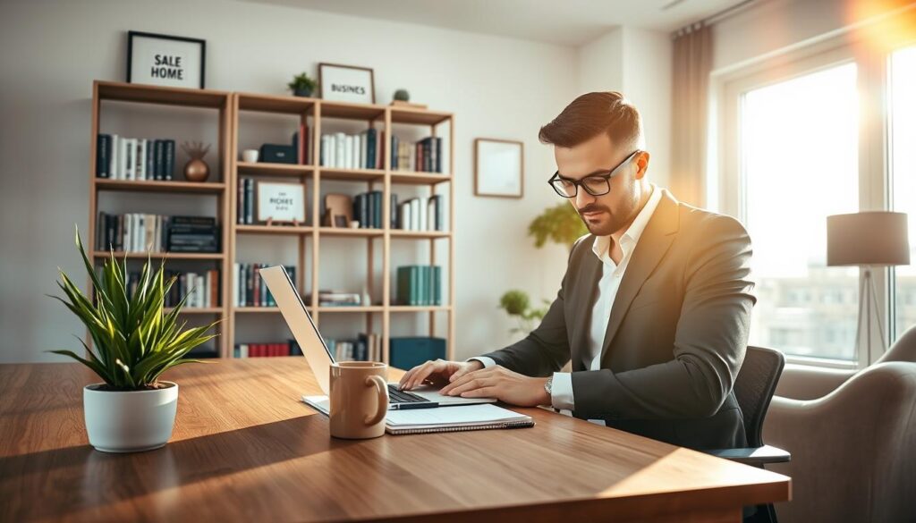 A modern home office scene, showcasing a professional individual, dressed in smart casual attire, focused on a laptop while taking notes. The foreground features a sleek wooden desk with a potted plant and a coffee mug. In the middle ground, a large window allows natural light to flood the room, illuminating a bookshelf filled with business books and motivational decor. The background includes a comfortable chair and a well-organized workspace, giving an atmosphere of productivity and creativity. Soft, warm lighting enhances the inviting mood, with a subtle lens flare from the sunlight. The angle captures a slightly elevated view, emphasizing the sense of a thriving online business environment. A modern home office scene, showcasing a professional individual, dressed in smart casual attire, focused on a laptop while taking notes. The foreground features a sleek wooden desk with a potted plant and a coffee mug. In the middle ground, a large window allows natural light to flood the room, illuminating a bookshelf filled with business books and motivational decor. The background includes a comfortable chair and a well-organized workspace, giving an atmosphere of productivity and creativity. Soft, warm lighting enhances the inviting mood, with a subtle lens flare from the sunlight. The angle captures a slightly elevated view, emphasizing the sense of a thriving online business environment.