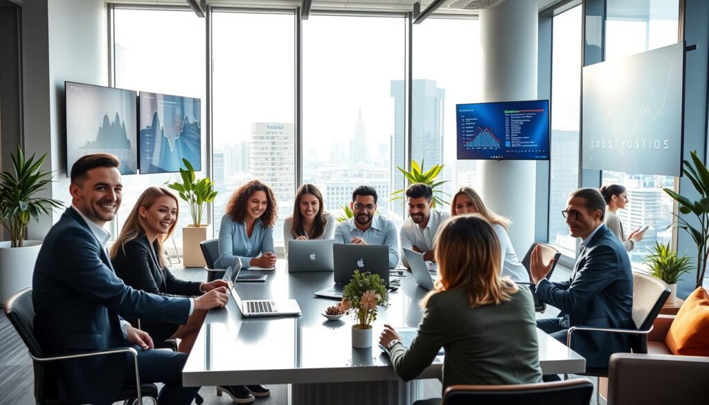 A modern office environment in Poland showcasing IT outsourcing services. In the foreground, a diverse group of professionals in business attire collaborate around a sleek conference table, with laptops and digital devices. Their expressions reflect focus and teamwork. The middle ground features a large window with cityscape views of Warsaw, bathed in bright, natural daylight. On the walls, digital displays show graphs and analytics, emphasizing technological advancement. The background includes stylish furniture and a few potted plants for a vibrant atmosphere. Capture the scene from a slightly elevated angle to include both professionals and city views, creating a sense of modernity and innovation. The overall mood should be engaging and dynamic, reflecting the future of IT outsourcing in 2026. A modern office environment in Poland showcasing IT outsourcing services. In the foreground, a diverse group of professionals in business attire collaborate around a sleek conference table, with laptops and digital devices. Their expressions reflect focus and teamwork. The middle ground features a large window with cityscape views of Warsaw, bathed in bright, natural daylight. On the walls, digital displays show graphs and analytics, emphasizing technological advancement. The background includes stylish furniture and a few potted plants for a vibrant atmosphere. Capture the scene from a slightly elevated angle to include both professionals and city views, creating a sense of modernity and innovation. The overall mood should be engaging and dynamic, reflecting the future of IT outsourcing in 2026.