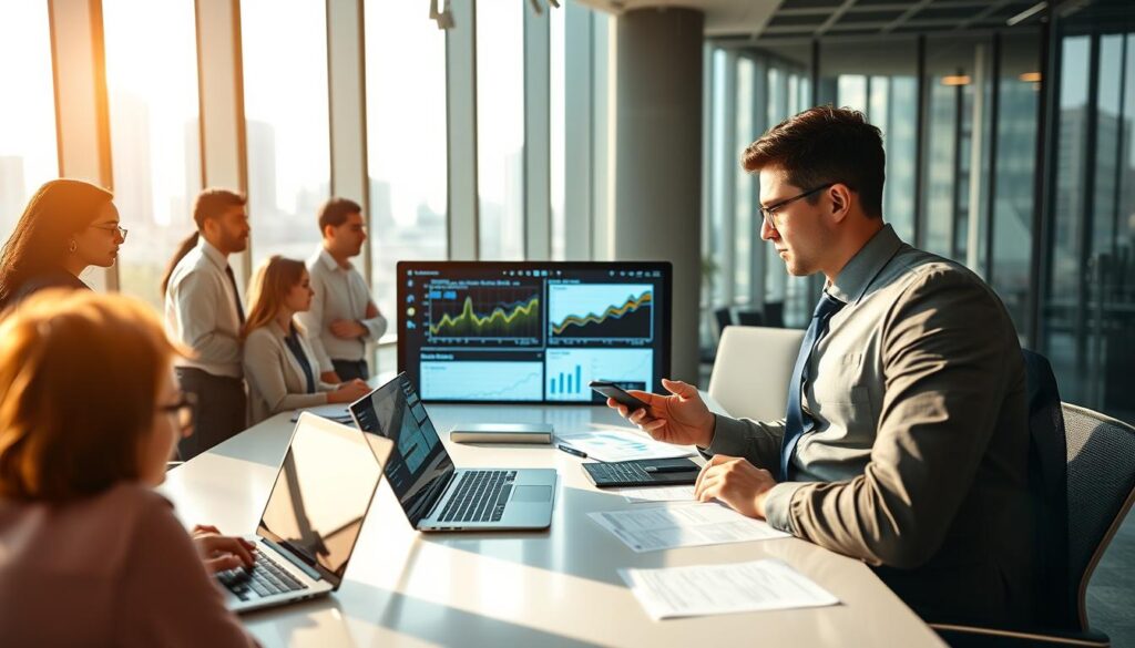 A modern office environment showcasing a diverse group of IT professionals, including a Python developer in smart business attire, analyzing salary trends on multiple screens. In the foreground, the developer, focused and engaged, interacts with data visualizations. The middle ground features a sleek conference table with laptops and documents spread out, indicating teamwork and collaboration. The background shows large windows with city views, allowing natural light to illuminate the scene, creating a bright and optimistic atmosphere. Use a warm color palette to evoke a sense of progress and opportunity. The image should be captured from a slightly elevated angle, emphasizing both the professionals and the digital displays around them.