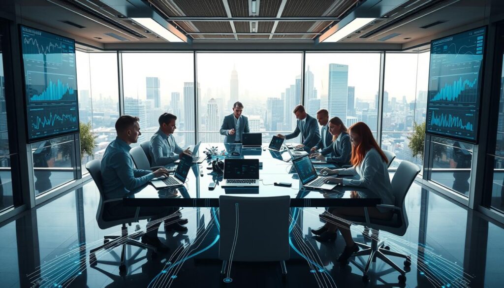 A modern office environment showcasing technology in entrepreneurship. In the foreground, a diverse group of professionals in business attire collaborates around a high-tech conference table, surrounded by digital screens displaying graphs and data analysis. The middle layer features sleek devices like laptops, tablets, and smartphones, all connected through a sophisticated network, symbolizing innovation. In the background, large windows reveal a city skyline, allowing natural light to flood the space, enhancing the atmosphere of productivity and optimism. The overall mood is dynamic and inspiring, capturing the essence of technological advancement in business management and teamwork. Use a wide-angle lens to emphasize the collaborative environment. A modern office environment showcasing technology in entrepreneurship. In the foreground, a diverse group of professionals in business attire collaborates around a high-tech conference table, surrounded by digital screens displaying graphs and data analysis. The middle layer features sleek devices like laptops, tablets, and smartphones, all connected through a sophisticated network, symbolizing innovation. In the background, large windows reveal a city skyline, allowing natural light to flood the space, enhancing the atmosphere of productivity and optimism. The overall mood is dynamic and inspiring, capturing the essence of technological advancement in business management and teamwork. Use a wide-angle lens to emphasize the collaborative environment.