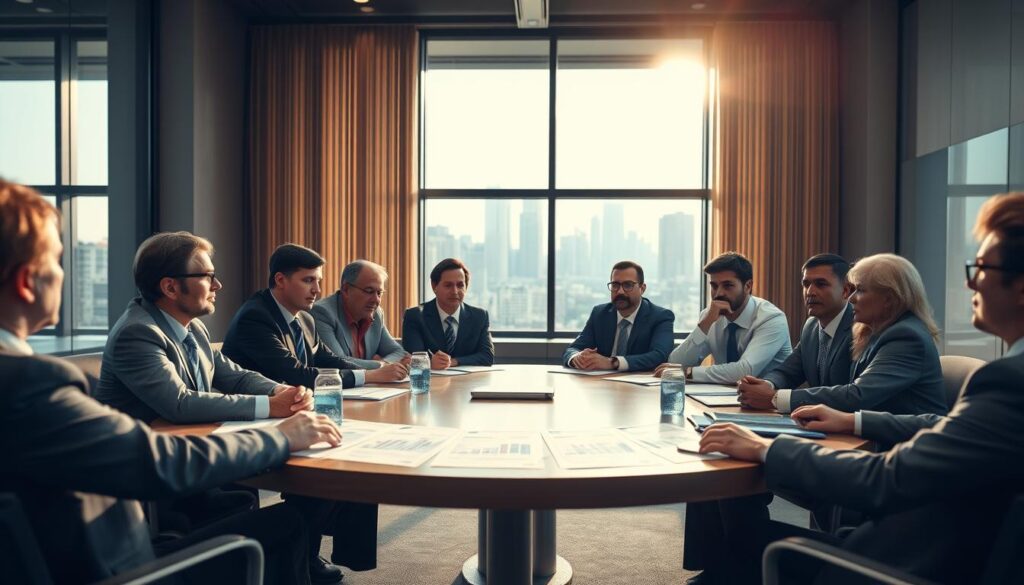 A modern, professional conference room in the foreground, focusing on a round table filled with business professionals in formal attire engaged in a discussion about political salary reforms. Their expressions are serious and contemplative, showcasing a mix of concern and determination. In the middle ground, display documents and charts related to financial figures and reform proposals, visually representing the topic. The background features a large window with natural light streaming in, casting a warm glow over the room, conveying an atmosphere of transparency and openness. The view outside shows a city skyline, symbolizing the connection between politics and urban life. Use a soft focus to emphasize the subjects while keeping the environment crisp and clear, suggesting an important meeting on political pay.