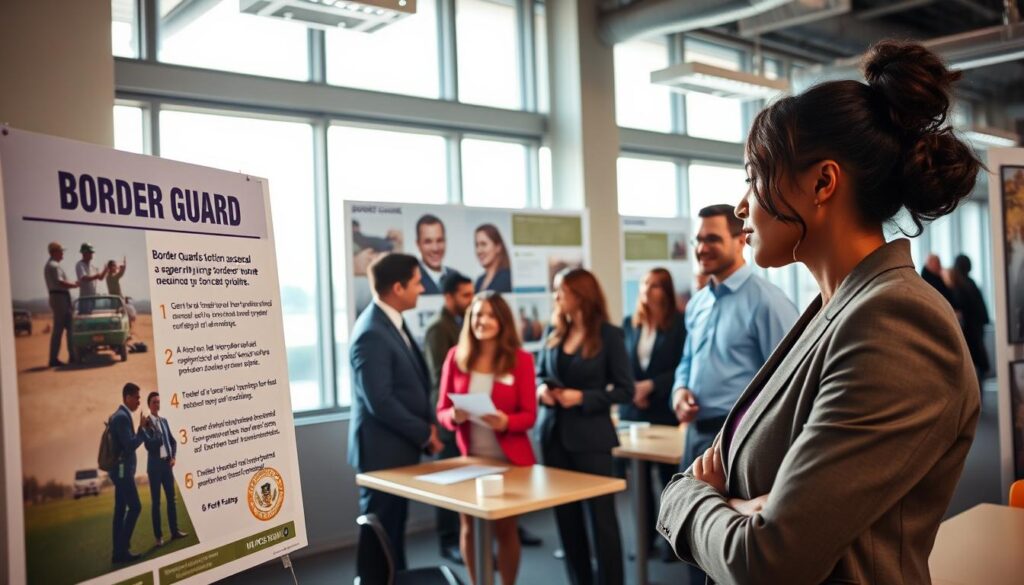 A modern recruitment office setting for border guard positions, showcasing a diverse group of applicants in professional business attire engaged in discussion. In the foreground, a confident woman examines a recruitment poster depicting the benefits of a career in border security. In the middle, a diverse group of individuals is interacting, some filling out application forms at tables, while others await their turn, conveying a sense of determination and ambition. The background features an informational display with visuals of border patrol and related tasks. Bright, natural lighting emanates from large windows, casting a positive and inviting atmosphere. The composition emphasizes professionalism, hope, and the future of those applying for a vital role in border security.