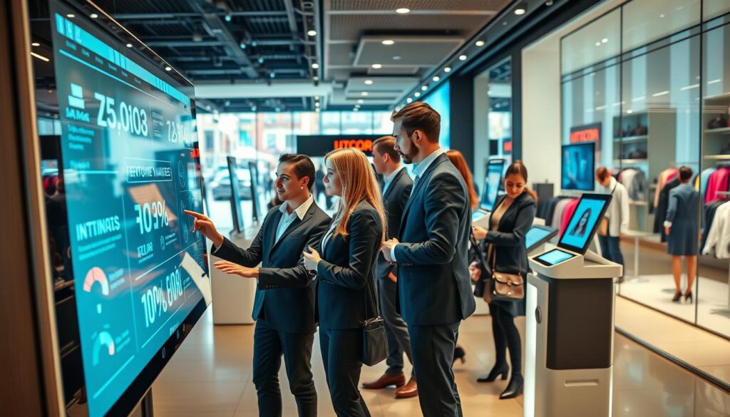A modern retail environment showcasing technological innovations in Poland. In the foreground, a diverse group of professional individuals wearing smart business attire interact with a sleek digital touch screen, displaying real-time inventory and customer analytics. In the middle ground, a high-tech shopping area with automated checkout kiosks and smart mirrors reflecting virtual styling options. Bright, ambient lighting creates an inviting atmosphere, enhancing the polished surfaces and vibrant colors of the store products. In the background, large windows reveal a busy street scene, suggesting a thriving urban setting. The overall mood is dynamic and forward-thinking, illustrating the integration of technology in enhancing the retail experience. Shot from a slightly elevated angle to capture the depth of the aisle and the energy of the shoppers.
