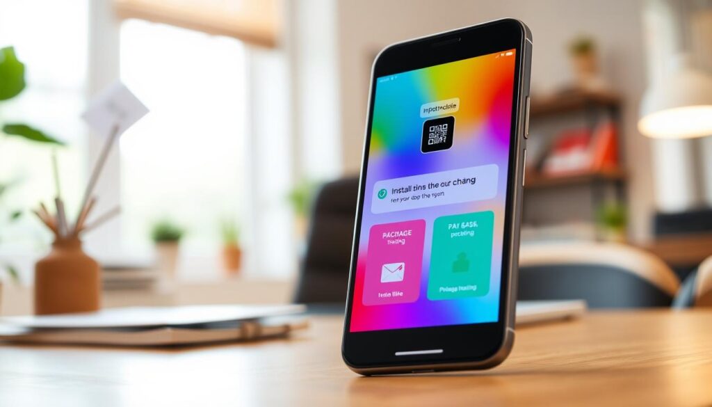 A modern smartphone displaying the InPost Mobile application installation screen, vividly showcasing the user interface with vibrant colors. In the foreground, the phone is tilted for a dynamic angle, displaying the app's features such as QR code scanning and package tracking icons. The background features a soft-focus environment of a cozy home workspace, with natural light streaming through a window to create a warm atmosphere. Subtle bokeh enhances the depth, emphasizing the phone's screen as the focal point. The overall mood is professional and inviting, ideal for illustrating the ease of accessing the app. No people are present, ensuring the focus remains solely on the mobile device and application details.