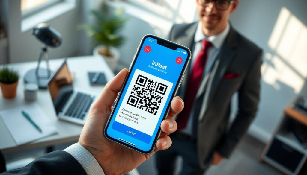 A modern smartphone displaying the InPost app interface, prominently featuring a QR code and a shipping label in vibrant colors. The foreground shows the phone held in a professional individual's hand, dressed in smart casual attire. In the middle ground, a neatly organized workspace can be seen with a laptop and stationery, creating a tech-savvy atmosphere. The background is a blurred view of an office setting with soft, natural lighting coming through a window, casting gentle shadows. The overall mood is efficient and innovative, highlighting the ease of generating a QR code for package pickup in an engaging, visually appealing manner. The camera angle is slightly angled from above, adding a dynamic perspective to the scene.