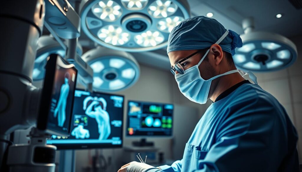 A modern surgical operating room showcasing advanced surgical techniques in action. In the foreground, a skilled surgeon in professional attire, focused intently on a high-tech robotic surgical system, utilizing precision instruments to perform a minimally invasive procedure. The middle ground features a state-of-the-art display showing real-time imaging and analytics, emphasizing cutting-edge technology in surgery. The background highlights bright overhead surgical lights and sterile equipment arranged neatly, creating a clean and professional atmosphere. The scene is well-lit, with soft shadows enhancing the depth, captured from a dynamic angle that emphasizes the interaction between the surgeon and technology. The overall mood is one of innovation, precision, and professionalism in modern medicine.