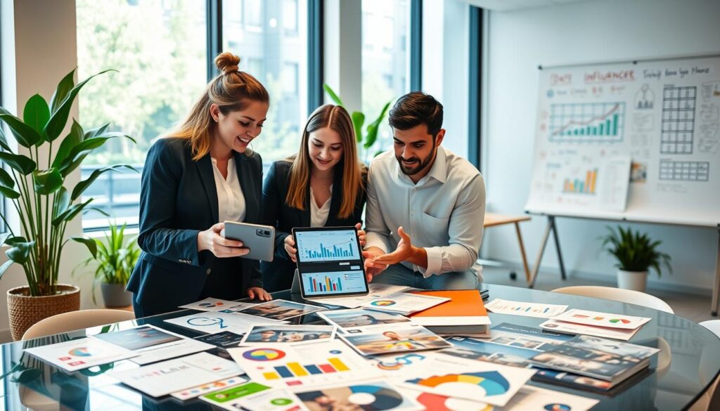 A modern workspace depicting a strategic influencer marketing planning session. Foreground: a diverse group of three professionals—two women and one man—in smart business attire, focusing on a digital tablet displaying social media analytics. Middle: a glass table littered with colorful charts, graphs, and marketing materials showcasing various influencer campaigns. Background: a bright office with large windows allowing natural light to flood in, plants adding a touch of greenery, and a whiteboard filled with brainstorming notes and ideas. The atmosphere is collaborative and energetic, conveying a sense of innovation and strategy in the influencer marketing landscape for 2026. The scene is captured with a soft focus lens, highlighting the dynamic interactions among the team while keeping the workspace sharp and inviting. A modern workspace depicting a strategic influencer marketing planning session. Foreground: a diverse group of three professionals—two women and one man—in smart business attire, focusing on a digital tablet displaying social media analytics. Middle: a glass table littered with colorful charts, graphs, and marketing materials showcasing various influencer campaigns. Background: a bright office with large windows allowing natural light to flood in, plants adding a touch of greenery, and a whiteboard filled with brainstorming notes and ideas. The atmosphere is collaborative and energetic, conveying a sense of innovation and strategy in the influencer marketing landscape for 2026. The scene is captured with a soft focus lens, highlighting the dynamic interactions among the team while keeping the workspace sharp and inviting.