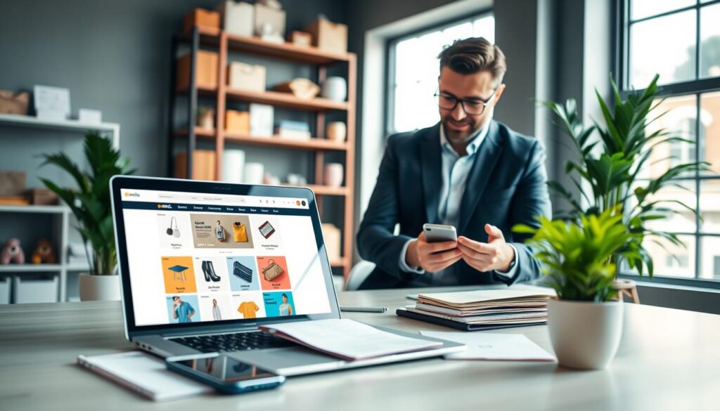 A modern workspace focused on building a professional dropshipping e-commerce store. In the foreground, a sleek laptop displays a vibrant website design featuring products, alongside notepads and a smartphone. In the middle, a confident entrepreneur in smart casual attire, engaged in brainstorming, studies marketing strategies. The background showcases shelves organized with product samples and a large window letting in soft, natural light that creates a warm and inviting atmosphere. A potted plant adds a touch of greenery, while the overall composition conveys a sense of creativity and ambition. The image is captured with a shallow depth of field to emphasize the entrepreneur's focus, accentuating the workspace's professionalism and innovation. A modern workspace focused on building a professional dropshipping e-commerce store. In the foreground, a sleek laptop displays a vibrant website design featuring products, alongside notepads and a smartphone. In the middle, a confident entrepreneur in smart casual attire, engaged in brainstorming, studies marketing strategies. The background showcases shelves organized with product samples and a large window letting in soft, natural light that creates a warm and inviting atmosphere. A potted plant adds a touch of greenery, while the overall composition conveys a sense of creativity and ambition. The image is captured with a shallow depth of field to emphasize the entrepreneur's focus, accentuating the workspace's professionalism and innovation.
