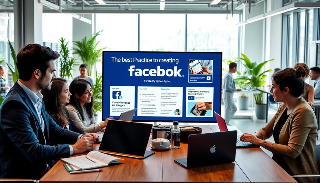 A modern workspace scene illustrating best practices for creating a Facebook group. In the foreground, a diverse group of professionals—including a man in a suit and a woman in smart casual attire—are engaged in a brainstorming session around a table, with laptops open and a notebook filled with ideas. In the middle, a large digital screen displays best practices, including visuals like community engagement strategies and group management tips. The background shows an inviting office environment with bright, natural lighting filtering through large windows, plants adding a touch of greenery, and other team members collaborating. The atmosphere is dynamic and productive, reflecting teamwork and creativity, emphasizing a strong sense of community building.