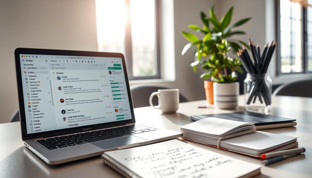 A modern workspace showcasing efficient email management. In the foreground, a sleek laptop with an open email client displaying organized inbox folders, color-coded emails, and tags for task management. Next to the laptop, a notepad with neatly written notes on email organization strategies. In the middle, a stylish desk featuring a potted plant and a mug filled with pens. In the background, a bright office window reveals a sunny day, with soft natural light illuminating the scene. The atmosphere is focused and professional, embodying productivity. The setting should evoke a sense of clarity and efficiency, ideal for managing an email inbox effectively.