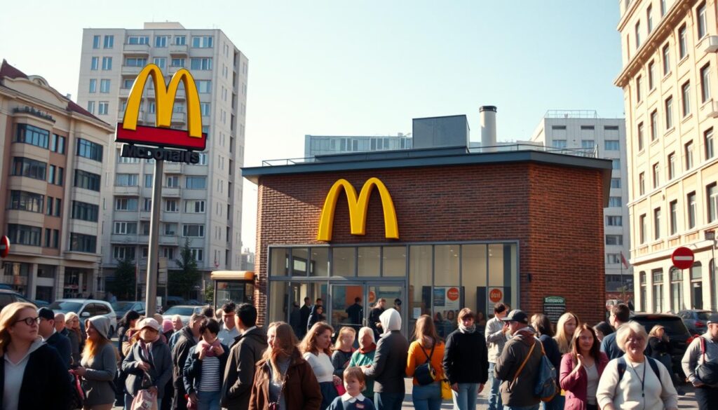 A nostalgic scene of the first McDonald's restaurant in Poland, located in Warsaw, circa 1992. In the foreground, a busy street with people dressed in early '90s casual attire, including young families and excited children. The middle of the image features the bright yellow and red McDonald's sign, showcasing the iconic arches in front of the charming brick building, with its large glass windows revealing the bustling interior. The background captures the surrounding architecture of Warsaw, blending modern and traditional buildings under a clear blue sky, with warm sunlight creating inviting shadows. The atmosphere is lively, symbolizing the excitement of introducing fast food culture to Poland. Use a slightly tilted angle to emphasize the restaurant's prominent location, enhancing the sense of energy and nostalgia. A nostalgic scene of the first McDonald's restaurant in Poland, located in Warsaw, circa 1992. In the foreground, a busy street with people dressed in early '90s casual attire, including young families and excited children. The middle of the image features the bright yellow and red McDonald's sign, showcasing the iconic arches in front of the charming brick building, with its large glass windows revealing the bustling interior. The background captures the surrounding architecture of Warsaw, blending modern and traditional buildings under a clear blue sky, with warm sunlight creating inviting shadows. The atmosphere is lively, symbolizing the excitement of introducing fast food culture to Poland. Use a slightly tilted angle to emphasize the restaurant's prominent location, enhancing the sense of energy and nostalgia.
