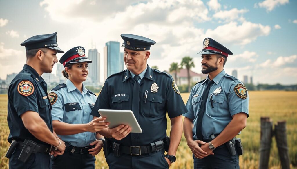 A polished image illustrating police officers in various locations, emphasizing salary differences. In the foreground, diverse police officers dressed in professional uniforms are engaged in conversation, with one officer using a digital tablet to analyze data. The middle ground features distinct cityscapes, showing urban, suburban, and rural settings, symbolizing different salary scales; include iconic landmarks from each locale—skyline buildings for the city, family homes for suburbia, and open fields for rural areas. The background should have varying weather conditions: sunny in the city, cloudy in the suburb, and clear with open skies in the rural setting. Soft, natural lighting highlights the officers, creating an inviting and informative atmosphere. The viewpoint should be slightly elevated, capturing the scene from an engaging angle. A polished image illustrating police officers in various locations, emphasizing salary differences. In the foreground, diverse police officers dressed in professional uniforms are engaged in conversation, with one officer using a digital tablet to analyze data. The middle ground features distinct cityscapes, showing urban, suburban, and rural settings, symbolizing different salary scales; include iconic landmarks from each locale—skyline buildings for the city, family homes for suburbia, and open fields for rural areas. The background should have varying weather conditions: sunny in the city, cloudy in the suburb, and clear with open skies in the rural setting. Soft, natural lighting highlights the officers, creating an inviting and informative atmosphere. The viewpoint should be slightly elevated, capturing the scene from an engaging angle.