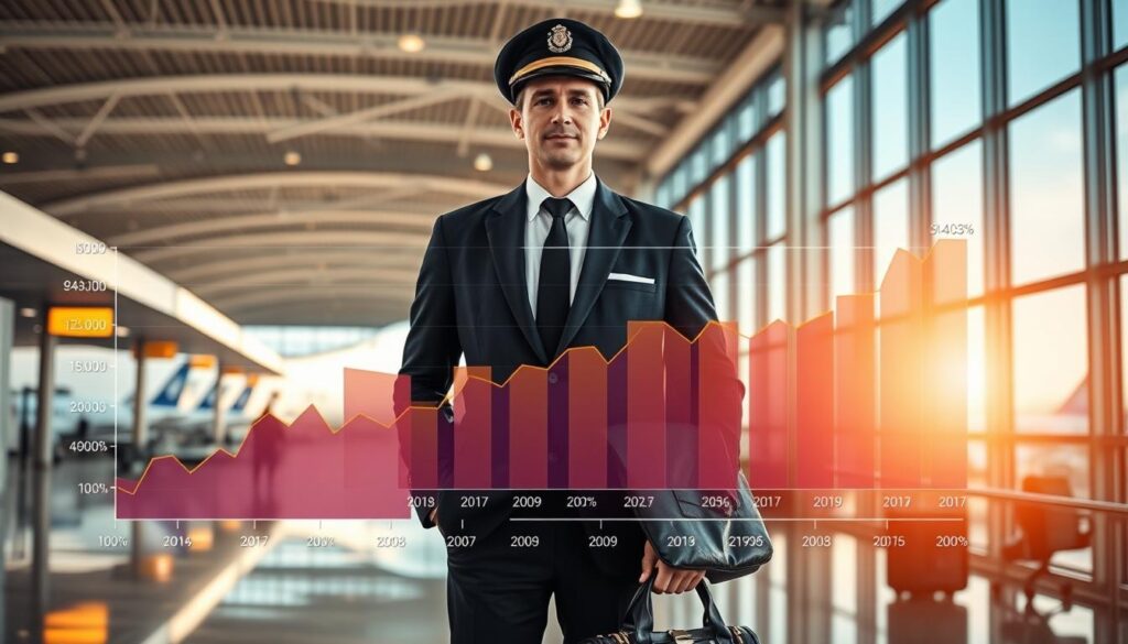 A professional European airline pilot in a crisp, tailored suit stands confidently in the foreground, holding a flight bag. In the middle ground, a graphic chart displays rising salary trends of pilots across Europe, filled with vibrant colors and clear data visualizations, hinting at financial growth. The background features a bustling airport terminal with modern aircraft seen through large glass windows, bathed in soft natural light, creating a sense of optimism and progress. The atmosphere is professional and informative, reflecting market analysis. Capture this scene with a wide-angle lens to emphasize depth, ensuring a clear focus on the pilot and the dynamic chart. The overall mood is one of ambition and success in the aviation industry.