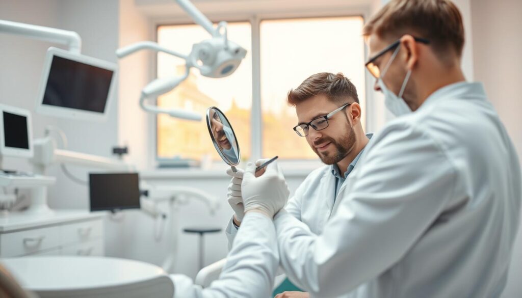 A professional Polish dentist examining a patient's teeth in a modern dental clinic, showcasing advanced equipment and a bright, clean environment. The foreground features the dentist, dressed in a white lab coat and protective gloves, using a dental mirror with focused concentration. The middle layer includes a patient seated comfortably in a dental chair, looking relaxed and at ease. The background is filled with state-of-the-art dental tools and a large window letting in warm, natural light that creates an inviting atmosphere. Capture the sense of professionalism and care in the scene, emphasizing the potential for job opportunities and earnings for dentists abroad. The angle is slightly elevated to provide a comprehensive view of the interaction.