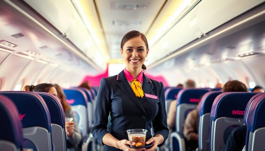 A professional Wizzair flight attendant in a smart, tailored uniform, standing in the aisle of a modern airplane. In the foreground, focus on the stewardess with a welcoming smile, serving refreshments to passengers. The middle ground features passengers seated comfortably, engaging in conversation or enjoying their snacks, creating a sense of community. The background captures the airplane interior with vibrant blue and yellow accents, typical of Wizzair's branding. Soft, natural lighting filters through the cabin windows, illuminating the scene and enhancing the friendly atmosphere. The angle is slightly elevated, providing a clear view of the stewardess interacting with passengers, reflecting professionalism and warmth. The overall mood is cheerful and inviting, ideal for illustrating the earnings and experience of a Wizzair flight attendant. A professional Wizzair flight attendant in a smart, tailored uniform, standing in the aisle of a modern airplane. In the foreground, focus on the stewardess with a welcoming smile, serving refreshments to passengers. The middle ground features passengers seated comfortably, engaging in conversation or enjoying their snacks, creating a sense of community. The background captures the airplane interior with vibrant blue and yellow accents, typical of Wizzair's branding. Soft, natural lighting filters through the cabin windows, illuminating the scene and enhancing the friendly atmosphere. The angle is slightly elevated, providing a clear view of the stewardess interacting with passengers, reflecting professionalism and warmth. The overall mood is cheerful and inviting, ideal for illustrating the earnings and experience of a Wizzair flight attendant.