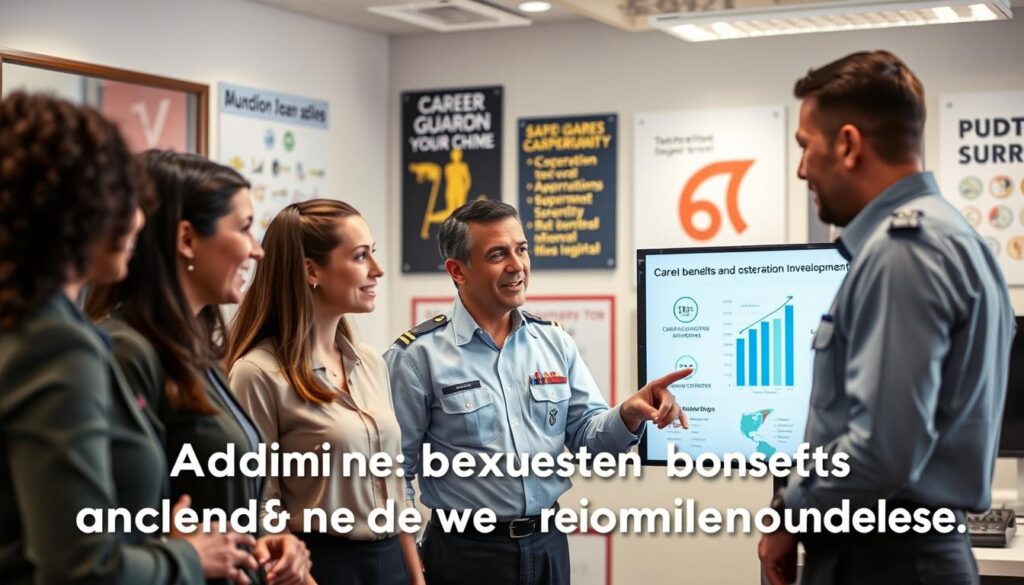 A professional and engaging scene illustrating the additional benefits and career development opportunities within the Border Guard. In the foreground, a diverse group of individuals in professional attire, including women and men of various ethnicities, discussing benefits and career paths with animated expressions. In the middle ground, a mentor figure pointing towards a digital screen displaying career growth charts and benefit highlights. The background features a well-lit office environment with modern technology and motivational posters emphasizing teamwork and growth. The lighting is bright and inviting, creating a positive atmosphere of collaboration and aspiration. The image is captured with a slight depth of field to emphasize the foreground discussion while softly blurring the background elements.