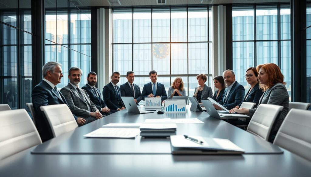 A professional and modern office setting depicting financial transparency in the European Parliament. In the foreground, a diverse group of business-attired politicians, including men and women of various ethnicities, are gathered around a sleek conference table with documents and laptops open, showcasing graphs and charts. In the middle ground, a large glass window allows natural light to flood into the room, casting soft shadows and creating an atmosphere of clarity and openness. The background features a contemporary European Parliament building with its emblem subtly visible, symbolizing governance and accountability. The overall mood is serious yet collaborative, reflecting a commitment to fiscal transparency and ethical governance. Use a realistic camera angle, focusing on the interactions between the politicians, with depth of field to enhance engagement.