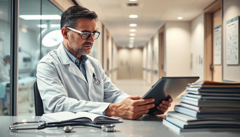 A professional anesthesiologist in a modern hospital setting, wearing a crisp white lab coat and glasses, reviewing patient files on a tablet at a desk. In the foreground, a stethoscope and medical journals are neatly organized. In the middle ground, an operating room with surgical equipment is visible through a glass window, symbolizing the intensity of their work. The background features a softly lit corridor with medical charts hanging on the walls. The lighting is bright yet warm, creating a focused but approachable atmosphere. Capture this scene from a slight angle to convey depth, emphasizing the anesthesiologist's professionalism and dedication to additional sources of income in their specialty. A professional anesthesiologist in a modern hospital setting, wearing a crisp white lab coat and glasses, reviewing patient files on a tablet at a desk. In the foreground, a stethoscope and medical journals are neatly organized. In the middle ground, an operating room with surgical equipment is visible through a glass window, symbolizing the intensity of their work. The background features a softly lit corridor with medical charts hanging on the walls. The lighting is bright yet warm, creating a focused but approachable atmosphere. Capture this scene from a slight angle to convey depth, emphasizing the anesthesiologist's professionalism and dedication to additional sources of income in their specialty.