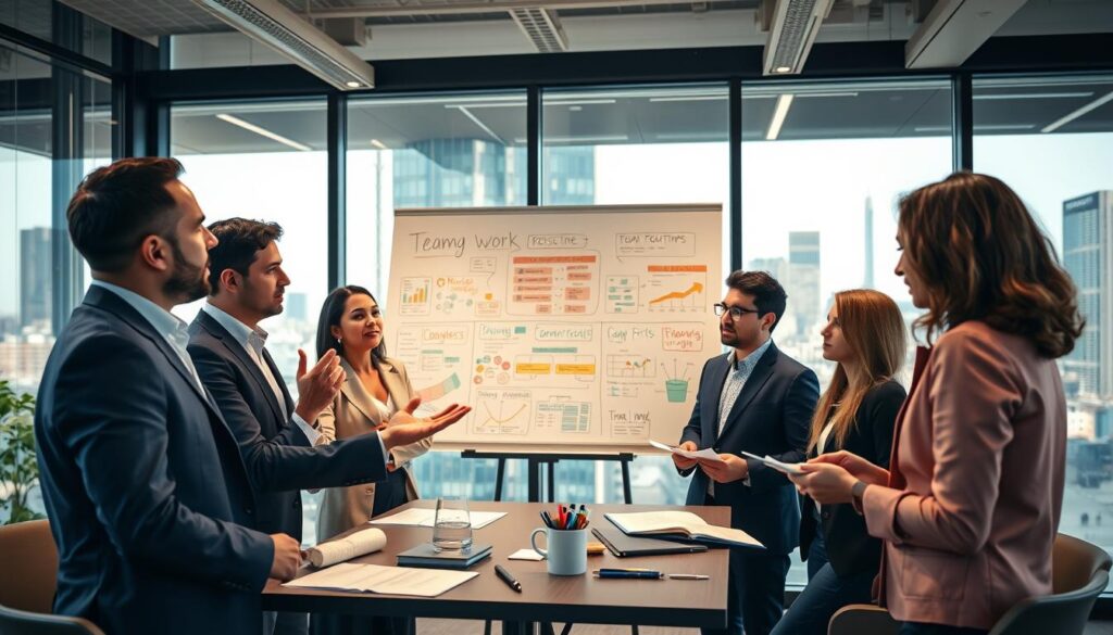 A professional business meeting taking place in a modern office space, showcasing a diverse group of five individuals engaged in a collaborative discussion. In the foreground, a confident entrepreneur in a sharp navy suit passionately presents ideas, while the others, wearing professional attire, actively listen and take notes. The middle ground features a large whiteboard filled with colorful diagrams and charts representing teamwork and communication strategies. The background reveals large windows with a cityscape view, allowing natural light to flood the room, creating an inspiring atmosphere. Soft, warm lighting enhances the scene, making it inviting and conducive to collaboration. Capture the essence of interpersonal skills, showcasing teamwork, communication, and leadership. A professional business meeting taking place in a modern office space, showcasing a diverse group of five individuals engaged in a collaborative discussion. In the foreground, a confident entrepreneur in a sharp navy suit passionately presents ideas, while the others, wearing professional attire, actively listen and take notes. The middle ground features a large whiteboard filled with colorful diagrams and charts representing teamwork and communication strategies. The background reveals large windows with a cityscape view, allowing natural light to flood the room, creating an inspiring atmosphere. Soft, warm lighting enhances the scene, making it inviting and conducive to collaboration. Capture the essence of interpersonal skills, showcasing teamwork, communication, and leadership.