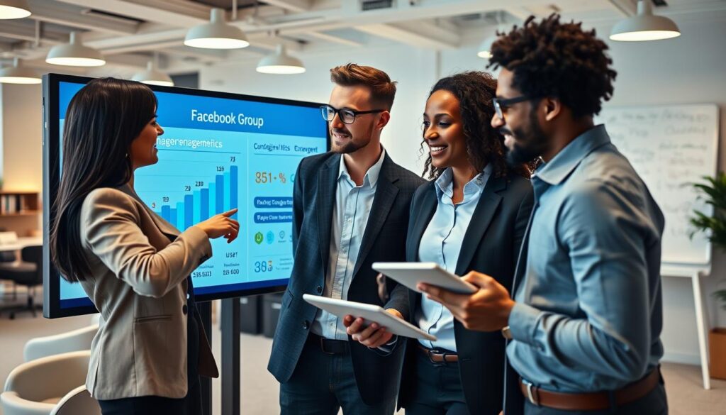 A professional business setting featuring a diverse group of three individuals analyzing Facebook group statistics on a large screen. In the foreground, a woman in business attire points at a digital chart showing engagement metrics and user growth. Beside her, a man in smart casual clothing takes notes on a tablet. In the background, an office space is filled with modern furniture and a whiteboard displaying brainstorming ideas related to group management. The lighting is bright and focused, creating a positive and collaborative atmosphere. The perspective is slightly angled to highlight the screen while capturing the engaged expressions of the individuals, conveying a sense of teamwork and strategic thinking in data analysis.