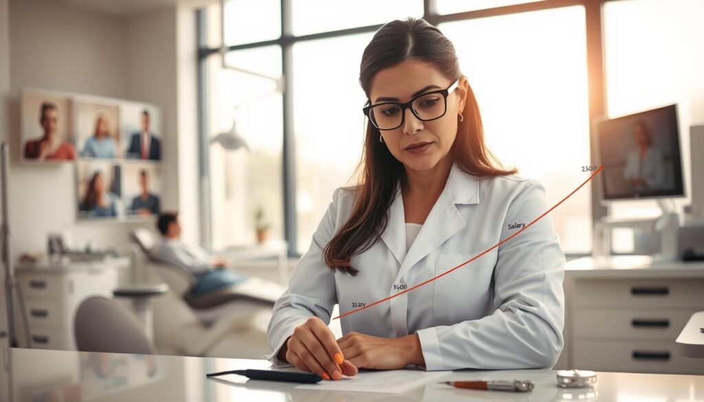 A professional dentist in a pristine dental office setting, analyzing a chart that shows the correlation between experience and salary. In the foreground, the dentist, a middle-aged Hispanic woman wearing a white coat and glasses, is engaged in serious thought, with dental tools neatly arranged on the counter beside her. In the middle ground, soft-focused images of patients in dental chairs and a modern treatment area can be seen, reflecting a busy practice. The background features a large window letting in warm, natural light that creates a productive yet calm atmosphere. The angle is slightly elevated, capturing both the dentist's focused expression and the organized workspace, emphasizing professionalism and dedication. The overall mood is serious and analytical, encapsulating the importance of experience in determining earnings.