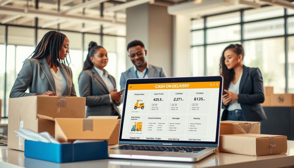 A professional digital workspace depicting the concept of online shopping with cash on delivery. In the foreground, a diverse group of three individuals in professional attire discussing logistics, surrounded by packaging materials and shipping boxes. In the middle ground, an open laptop displays a user-friendly e-commerce website, highlighting delivery options and pricing. The background features a sleek, modern office environment with bright, natural lighting filtering through large windows, enhancing the clarity of the scene. The atmosphere conveys professionalism and optimism about the future of e-commerce in 2026, focusing on innovative shipping solutions. Use a slightly elevated angle to capture the dynamics of collaboration effectively, making sure all individuals appear engaged and enthusiastic about their discussion.