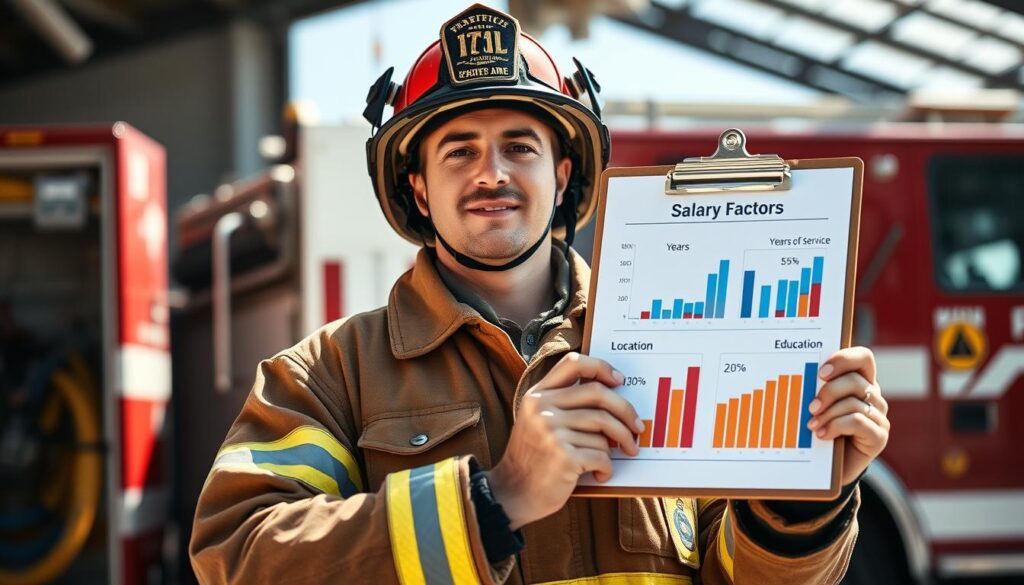 A professional firefighter standing confidently in full firefighting gear, holding a clipboard with data charts illustrating salary factors, such as years of service, location, and education level. In the background, a fire station is visible, with a fire truck and hoses, symbolizing the firefighting context. The lighting is bright, simulating a sunny day, enhancing the professionalism and determination of the firefighter. The shot is taken from a slightly low angle, creating a sense of empowerment and importance. The atmosphere is one of dedication and service, with an emphasis on the various elements influencing firefighter salaries, represented visually through appropriate graphs on the clipboard, giving an informative and engaging vibe. A professional firefighter standing confidently in full firefighting gear, holding a clipboard with data charts illustrating salary factors, such as years of service, location, and education level. In the background, a fire station is visible, with a fire truck and hoses, symbolizing the firefighting context. The lighting is bright, simulating a sunny day, enhancing the professionalism and determination of the firefighter. The shot is taken from a slightly low angle, creating a sense of empowerment and importance. The atmosphere is one of dedication and service, with an emphasis on the various elements influencing firefighter salaries, represented visually through appropriate graphs on the clipboard, giving an informative and engaging vibe.