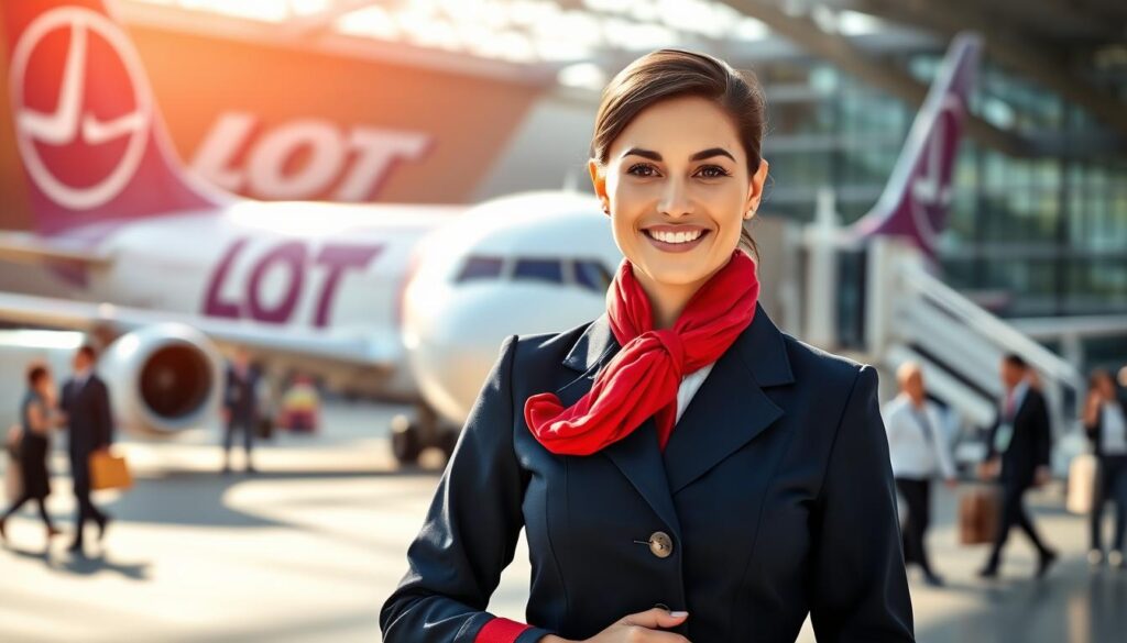 A professional flight attendant standing confidently in front of a LOT Polish Airlines aircraft at a busy airport. The attendant wears a crisp, navy-blue uniform with red accents, including a stylish scarf and polished shoes. In the foreground, focus on the attendant's warm smile and approachable demeanor. The middle ground features the elegantly designed LOT airplane, showcasing its vibrant branding. In the background, capture the bustling airport scene with travelers and other airline personnel, hinting at the dynamic environment. Natural daylight casts a soft glow, enhancing the colors and creating a professional atmosphere. The composition reflects pride in the aviation profession while emphasizing job stability and growth in the field. A professional flight attendant standing confidently in front of a LOT Polish Airlines aircraft at a busy airport. The attendant wears a crisp, navy-blue uniform with red accents, including a stylish scarf and polished shoes. In the foreground, focus on the attendant's warm smile and approachable demeanor. The middle ground features the elegantly designed LOT airplane, showcasing its vibrant branding. In the background, capture the bustling airport scene with travelers and other airline personnel, hinting at the dynamic environment. Natural daylight casts a soft glow, enhancing the colors and creating a professional atmosphere. The composition reflects pride in the aviation profession while emphasizing job stability and growth in the field.
