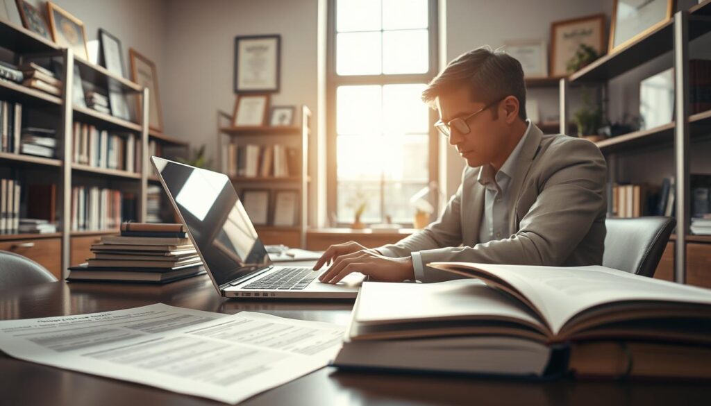 A professional journalist seated at a sleek desk, intensely focused on writing an article, surrounded by legal books and notepads. The foreground features a close-up of the journalist's hands typing on a laptop, showcasing documents with visible legal charts discussing copyright and press ethics. In the middle, a large window allows warm sunlight to filter in, creating a bright and engaging workspace atmosphere. The background displays shelves filled with reference materials and framed certificates, emphasizing professionalism. The overall setting conveys a sense of diligence and authority, illustrating the complexities of legal aspects in journalism. The image is well-lit and captures a thoughtful, ambitious mood typical in a newsroom. A professional journalist seated at a sleek desk, intensely focused on writing an article, surrounded by legal books and notepads. The foreground features a close-up of the journalist's hands typing on a laptop, showcasing documents with visible legal charts discussing copyright and press ethics. In the middle, a large window allows warm sunlight to filter in, creating a bright and engaging workspace atmosphere. The background displays shelves filled with reference materials and framed certificates, emphasizing professionalism. The overall setting conveys a sense of diligence and authority, illustrating the complexities of legal aspects in journalism. The image is well-lit and captures a thoughtful, ambitious mood typical in a newsroom.