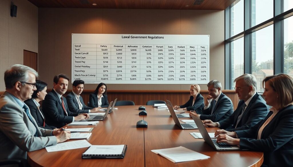 A professional-looking setting depicting a municipal council meeting, with several individuals in business attire engaged in discussion. In the foreground, a diverse group of council members, both men and women, are seated around a large oval table filled with documents and laptops, showcasing the theme of local government regulations. The middle ground features a large wall-mounted chart illustrating financial figures and budget allocations related to council salaries and allowances. The background shows a modern council chamber with large windows allowing natural light to stream in, creating a bright and focused atmosphere. The mood is serious yet collaborative, highlighting the importance of lawful financial management in local governance. The camera angle emphasizes the sense of teamwork and dedication to public service. A professional-looking setting depicting a municipal council meeting, with several individuals in business attire engaged in discussion. In the foreground, a diverse group of council members, both men and women, are seated around a large oval table filled with documents and laptops, showcasing the theme of local government regulations. The middle ground features a large wall-mounted chart illustrating financial figures and budget allocations related to council salaries and allowances. The background shows a modern council chamber with large windows allowing natural light to stream in, creating a bright and focused atmosphere. The mood is serious yet collaborative, highlighting the importance of lawful financial management in local governance. The camera angle emphasizes the sense of teamwork and dedication to public service.
