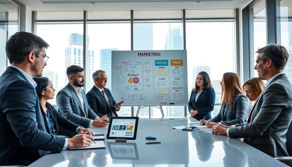 A professional marketing strategist discussing the 4P marketing mix in an office setting. In the foreground, a diverse group of business people are gathered around a sleek conference table, taking notes and collaborating on a digital tablet displaying charts and promotional strategies. In the middle ground, a whiteboard filled with colorful diagrams and key terms like "Promotion," "Product," "Price," and "Place" stands prominently. The background shows large windows with bright, natural light streaming in, highlighting a modern skyscraper cityscape. The atmosphere is energetic and focused, conveying teamwork and innovation in marketing strategies. The individuals are dressed in smart business attire, reflecting professionalism and creativity. The image is captured from a slight upward angle to emphasize collaboration and insight. A professional marketing strategist discussing the 4P marketing mix in an office setting. In the foreground, a diverse group of business people are gathered around a sleek conference table, taking notes and collaborating on a digital tablet displaying charts and promotional strategies. In the middle ground, a whiteboard filled with colorful diagrams and key terms like "Promotion," "Product," "Price," and "Place" stands prominently. The background shows large windows with bright, natural light streaming in, highlighting a modern skyscraper cityscape. The atmosphere is energetic and focused, conveying teamwork and innovation in marketing strategies. The individuals are dressed in smart business attire, reflecting professionalism and creativity. The image is captured from a slight upward angle to emphasize collaboration and insight.