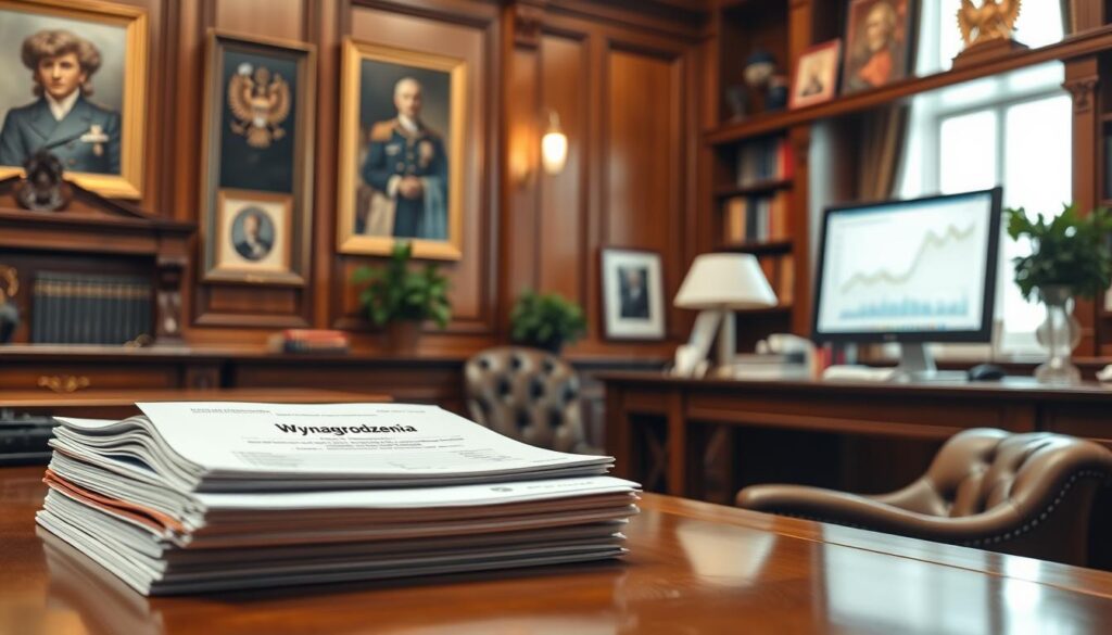 A professional office setting showcasing the office of the President of Poland, featuring an elegant wooden desk, official documents, and a modern computer displaying graphs of salary trends. The foreground includes a neatly stacked pile of reports titled "Wynagrodzenia" in subtle focus. The middle ground shows a plush leather chair, a potted plant, and a bright window illuminating the room with natural light. The background reveals ornate shelves with historical books and national symbols, emphasizing the significance of the position. The atmosphere is serious yet inviting, with a warm color palette. The image captures the essence of the changing salaries of public office in Poland over recent years, evoking curiosity and professionalism. A professional office setting showcasing the office of the President of Poland, featuring an elegant wooden desk, official documents, and a modern computer displaying graphs of salary trends. The foreground includes a neatly stacked pile of reports titled "Wynagrodzenia" in subtle focus. The middle ground shows a plush leather chair, a potted plant, and a bright window illuminating the room with natural light. The background reveals ornate shelves with historical books and national symbols, emphasizing the significance of the position. The atmosphere is serious yet inviting, with a warm color palette. The image captures the essence of the changing salaries of public office in Poland over recent years, evoking curiosity and professionalism.