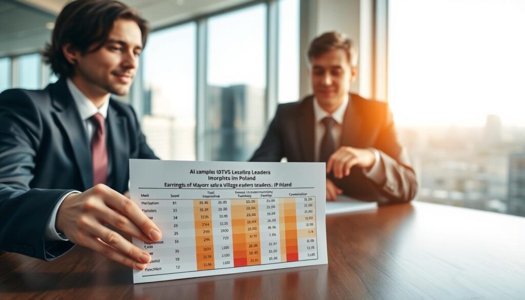 A professional office setting showcasing two individuals in formal business attire, seated at a conference table, reviewing a document with graphs and charts. The foreground features a close-up of their hands pointing at a printed salary comparison chart specifically illustrating the earnings of mayors and village leaders in Poland. In the middle ground, a large window reveals a cityscape, indicating a bustling urban environment. The background glows with natural sunlight filtering through the glass, creating a warm, inviting atmosphere. The image captures a sense of professionalism and collaboration, emphasizing the analysis of salary examples in a contemporary office. The composition is balanced with a soft focus on the individuals, directing attention to the salary chart. A professional office setting showcasing two individuals in formal business attire, seated at a conference table, reviewing a document with graphs and charts. The foreground features a close-up of their hands pointing at a printed salary comparison chart specifically illustrating the earnings of mayors and village leaders in Poland. In the middle ground, a large window reveals a cityscape, indicating a bustling urban environment. The background glows with natural sunlight filtering through the glass, creating a warm, inviting atmosphere. The image captures a sense of professionalism and collaboration, emphasizing the analysis of salary examples in a contemporary office. The composition is balanced with a soft focus on the individuals, directing attention to the salary chart.