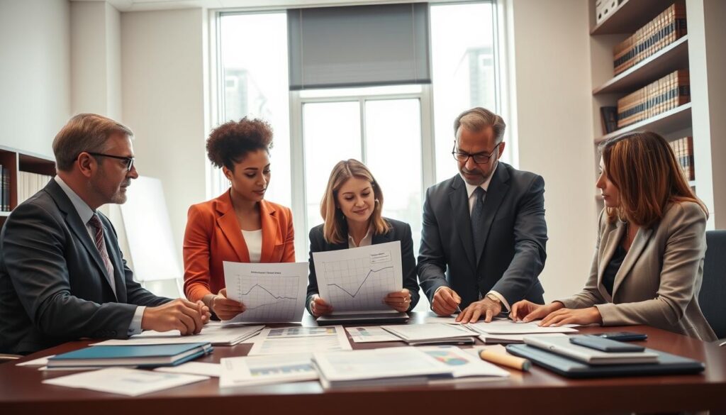 A professional office setting with a modern table covered in documents and digital devices, representing legislative discussions. In the foreground, a diverse group of three politicians dressed in professional business attire—two men and one woman—are engaged in a serious discussion, examining graphs and charts that display salary trends. The middle ground features a large window with natural light pouring in, illuminating the scene, creating a bright, hopeful atmosphere. In the background, shelves lined with books on law and economics hint at the complexity of political finances. The composition should be dynamic, showcasing collaboration and the gravitas of political decision-making, with a soft focus that maintains warmth while emphasizing the details of the documents.