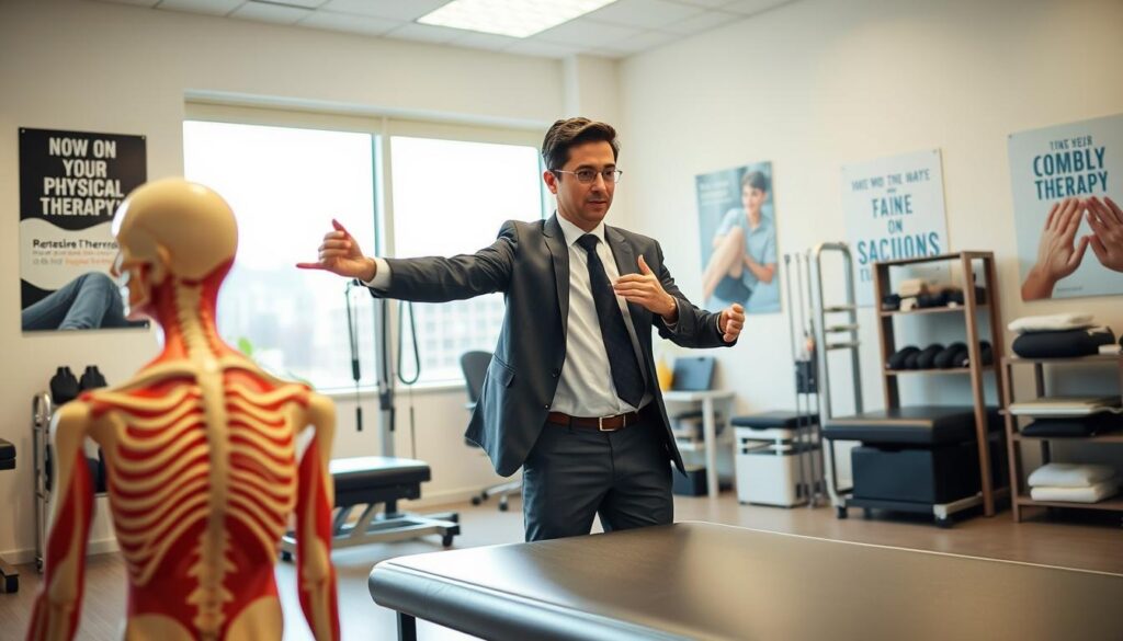 A professional physiotherapist, dressed in smart business attire, works closely with a patient in a bright, well-equipped therapy room. The physiotherapist engages in a dynamic posture assessment, demonstrating their expertise. In the foreground, a detailed anatomical model is visible, showcasing the complexity of the human body. In the middle ground, various physical therapy equipment is arranged neatly, emphasizing a therapeutic environment. Soft, natural light streams in through large windows, creating a warm and inviting atmosphere. The background features motivational posters related to physical therapy and career development. The mood is focused and encouraging, reflecting the dedication and growth opportunities for physiotherapy professionals in their field. A professional physiotherapist, dressed in smart business attire, works closely with a patient in a bright, well-equipped therapy room. The physiotherapist engages in a dynamic posture assessment, demonstrating their expertise. In the foreground, a detailed anatomical model is visible, showcasing the complexity of the human body. In the middle ground, various physical therapy equipment is arranged neatly, emphasizing a therapeutic environment. Soft, natural light streams in through large windows, creating a warm and inviting atmosphere. The background features motivational posters related to physical therapy and career development. The mood is focused and encouraging, reflecting the dedication and growth opportunities for physiotherapy professionals in their field.