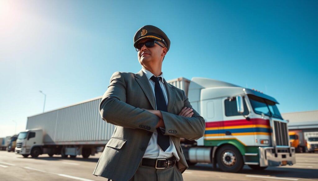 A professional pilot for oversized cargo, depicted confidently directing a large transportation vehicle, clad in a smart business outfit, stands in the foreground. In the middle ground, a semi-truck with an oversized load is shown, carefully maneuvering through a busy logistic hub with other trucks and workers in the background. The sky is bright blue, illuminating the scene, symbolizing a clear day for transportation. The setting conveys a sense of efficiency and professionalism. The shot is taken from a low angle, emphasizing the scale of the oversized load and the orchestrated movement of heavy equipment. The overall mood is dynamic and industrious, reflecting the energy of the transport industry. A professional pilot for oversized cargo, depicted confidently directing a large transportation vehicle, clad in a smart business outfit, stands in the foreground. In the middle ground, a semi-truck with an oversized load is shown, carefully maneuvering through a busy logistic hub with other trucks and workers in the background. The sky is bright blue, illuminating the scene, symbolizing a clear day for transportation. The setting conveys a sense of efficiency and professionalism. The shot is taken from a low angle, emphasizing the scale of the oversized load and the orchestrated movement of heavy equipment. The overall mood is dynamic and industrious, reflecting the energy of the transport industry.