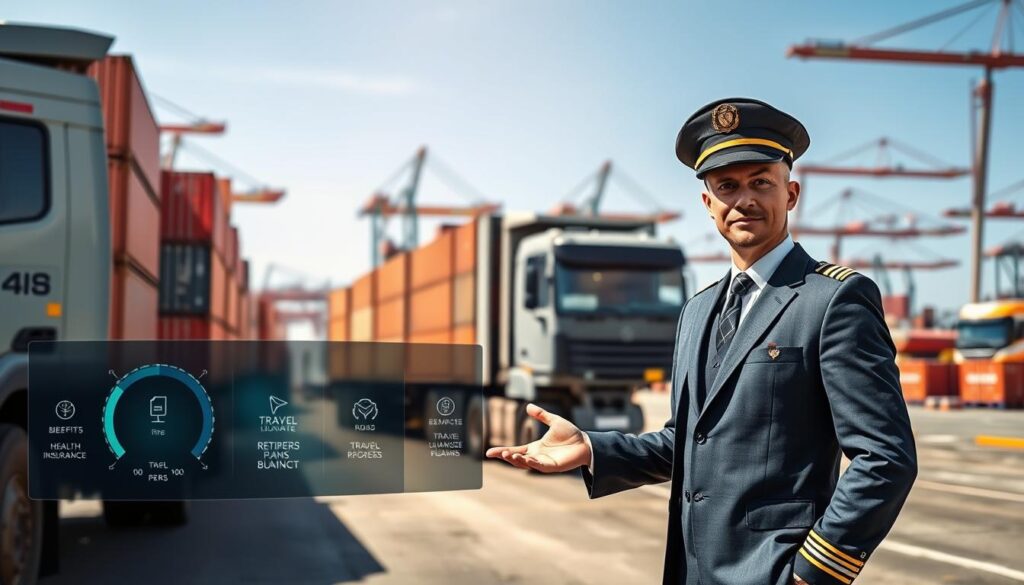 A professional pilot of oversized cargo, wearing a sharp, business-like uniform, stands confidently next to a large, specialized transport vehicle in a bustling logistics yard. In the foreground, the pilot gestures towards a digital dashboard displaying various benefits, such as health insurance, travel perks, and retirement plans. In the middle ground, cargo containers are being loaded onto the vehicle, showcasing the scale of transportation. The background features a clear blue sky with cranes and cargo ships unloading goods, suggesting a busy work environment. The lighting is bright and inviting, capturing a sense of opportunity and professionalism. The image evokes a mood of ambition and pride in a rewarding career, highlighting the advantages of being a pilot in cargo transportation. A professional pilot of oversized cargo, wearing a sharp, business-like uniform, stands confidently next to a large, specialized transport vehicle in a bustling logistics yard. In the foreground, the pilot gestures towards a digital dashboard displaying various benefits, such as health insurance, travel perks, and retirement plans. In the middle ground, cargo containers are being loaded onto the vehicle, showcasing the scale of transportation. The background features a clear blue sky with cranes and cargo ships unloading goods, suggesting a busy work environment. The lighting is bright and inviting, capturing a sense of opportunity and professionalism. The image evokes a mood of ambition and pride in a rewarding career, highlighting the advantages of being a pilot in cargo transportation.
