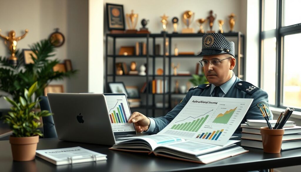 A professional police officer in a modern office setting, analyzing financial documents and personal growth charts, representing additional income opportunities. The officer, dressed in smart business attire, is seated at a sleek desk, surrounded by various avenues of income sources such as a laptop displaying a side business, financial books, and a potted plant for a touch of greenery. In the background, shelves filled with awards and community service trophies highlight achievements. Soft, natural lighting filters through a window, casting a warm glow, creating an atmosphere of ambition and professionalism. The camera angle is slightly elevated, providing a balanced view that captures both the officer's concentration and the organized workspace, evoking a sense of determination and exploration of financial possibilities. A professional police officer in a modern office setting, analyzing financial documents and personal growth charts, representing additional income opportunities. The officer, dressed in smart business attire, is seated at a sleek desk, surrounded by various avenues of income sources such as a laptop displaying a side business, financial books, and a potted plant for a touch of greenery. In the background, shelves filled with awards and community service trophies highlight achievements. Soft, natural lighting filters through a window, casting a warm glow, creating an atmosphere of ambition and professionalism. The camera angle is slightly elevated, providing a balanced view that captures both the officer's concentration and the organized workspace, evoking a sense of determination and exploration of financial possibilities.