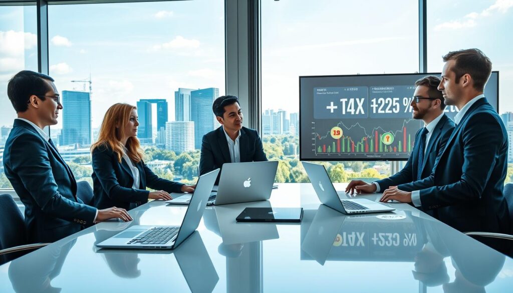 A professional setting depicting a modern office environment focused on cryptocurrency in Poland. In the foreground, a diverse group of three business professionals—one female and two male—are engaged in a discussion around a sleek, high-tech table, surrounded by laptops and cryptocurrency charts displaying rising trends. The individuals are dressed in smart business attire, conveying a serious and knowledgeable atmosphere. In the middle ground, a large window reveals a skyline view of Warsaw's modern buildings, blending a hint of green parks for a touch of nature. The lighting is bright and clear, with soft shadows, creating a feeling of optimism. In the background, a digital screen showcases graphics of cryptocurrencies and tax-related figures, emphasizing the theme of regulation and taxation in Poland. The overall mood is informative and professional, highlighting the crucial aspects of buying and managing cryptocurrencies.