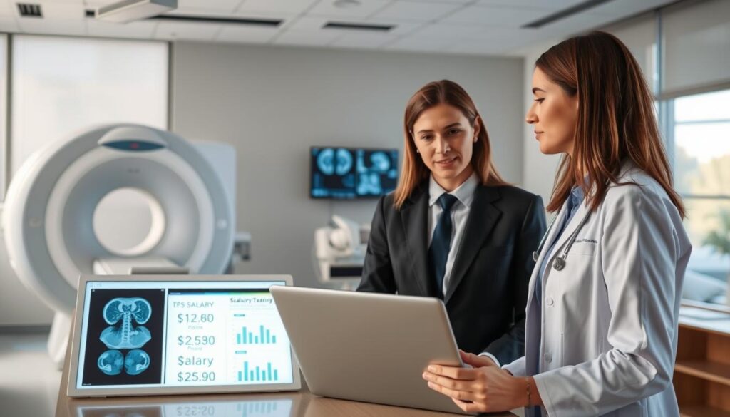 A professional setting depicting the theme of radiology salaries and frequently asked questions. In the foreground, a well-dressed male and female radiologist in business attire, engaged in discussion, with a laptop and charts showing salary statistics. In the middle ground, a modern office environment featuring medical imaging equipment, such as an MRI machine and X-ray images on a lightbox. The background shows a large window with soft natural light streaming in, creating an inviting and professional atmosphere. The scene is framed from a slightly elevated angle, emphasizing collaboration and knowledge sharing. The overall mood is informative and focused, suitable for a professional audience interested in career information.
