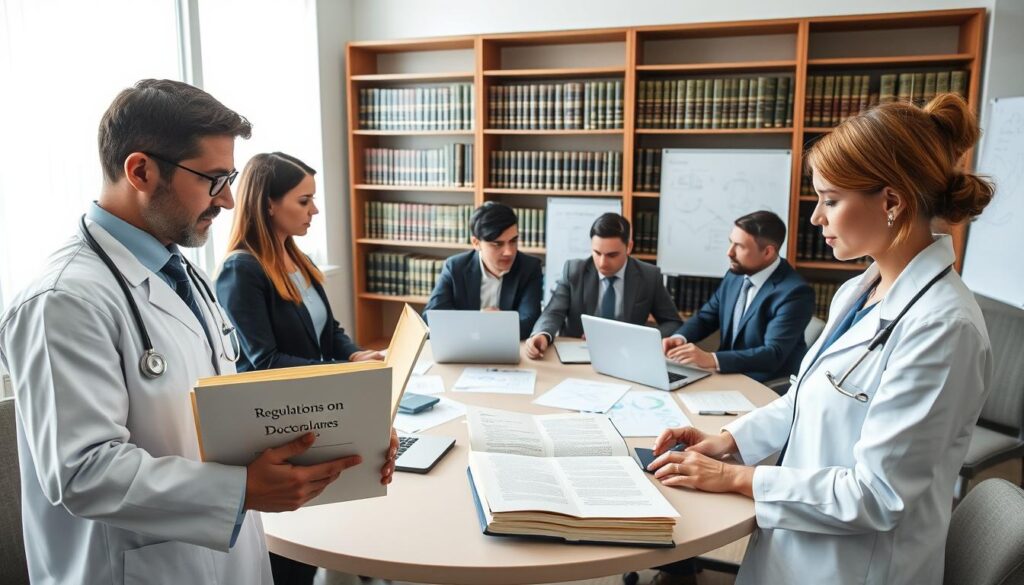 A professional setting in a law office, featuring a diverse group of healthcare professionals discussing legal documents related to doctor salaries in Poland. In the foreground, a male and female doctor, both in professional attire, are examining a thick legal book titled "Regulations on Doctor Salaries." In the middle, a diverse team of three lawyers, two men and one woman, are engaged in a discussion at a round table covered with papers, charts, and laptops. The background shows bookshelves lined with legal texts and a whiteboard with diagrams. Soft, natural lighting streams in through a large window, creating a focused and serious atmosphere, suggesting the importance of the topic. The image captures a moment of collaboration and legal scrutiny, emphasizing the regulatory aspects influencing physician compensation. A professional setting in a law office, featuring a diverse group of healthcare professionals discussing legal documents related to doctor salaries in Poland. In the foreground, a male and female doctor, both in professional attire, are examining a thick legal book titled "Regulations on Doctor Salaries." In the middle, a diverse team of three lawyers, two men and one woman, are engaged in a discussion at a round table covered with papers, charts, and laptops. The background shows bookshelves lined with legal texts and a whiteboard with diagrams. Soft, natural lighting streams in through a large window, creating a focused and serious atmosphere, suggesting the importance of the topic. The image captures a moment of collaboration and legal scrutiny, emphasizing the regulatory aspects influencing physician compensation.
