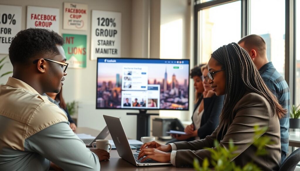 A professional setting showcasing a diverse group of individuals engaged in managing Facebook group members. In the foreground, a focused individual in business attire, using a laptop, reviews group member requests, exhibiting concentration. In the middle, a screen displays a colorful Facebook group page, illustrating member engagement metrics like posts and comments. In the background, a window reveals a vibrant cityscape, signifying growth and connection. Soft, natural lighting streams in, creating an inviting atmosphere. The room is modern and organized, filled with motivational posters related to community building. The overall mood is collaborative and dynamic, emphasizing teamwork and effective communication in managing an online community. A professional setting showcasing a diverse group of individuals engaged in managing Facebook group members. In the foreground, a focused individual in business attire, using a laptop, reviews group member requests, exhibiting concentration. In the middle, a screen displays a colorful Facebook group page, illustrating member engagement metrics like posts and comments. In the background, a window reveals a vibrant cityscape, signifying growth and connection. Soft, natural lighting streams in, creating an inviting atmosphere. The room is modern and organized, filled with motivational posters related to community building. The overall mood is collaborative and dynamic, emphasizing teamwork and effective communication in managing an online community.